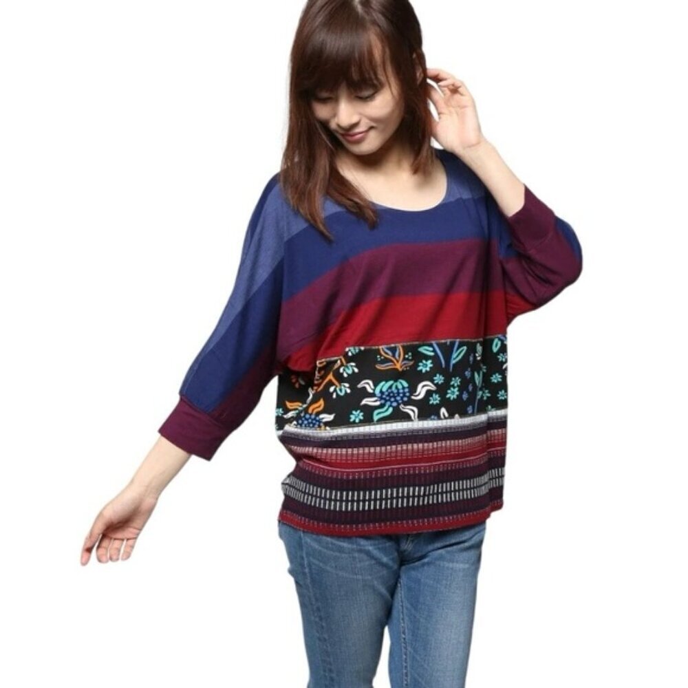 Desigual Shirt Women's Size Small Blue Red Striped Multi Print 3/4 Sleeve Tunic